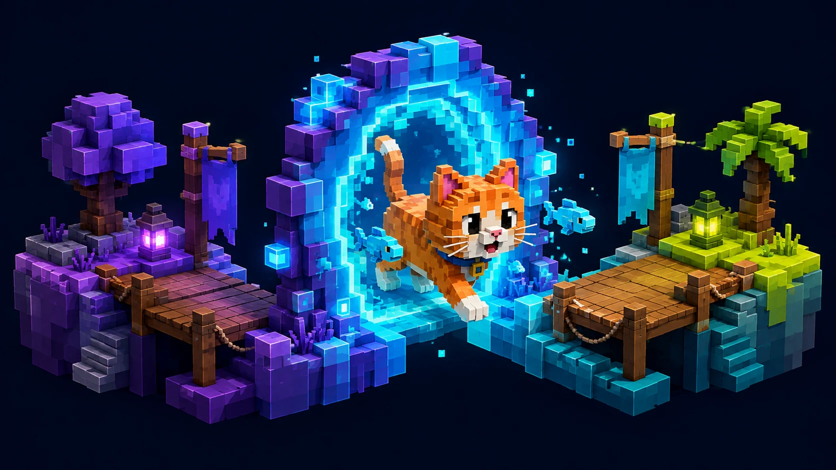 A voxel Kona Kitty crossing a portal from Abstract to Robinhood Chain